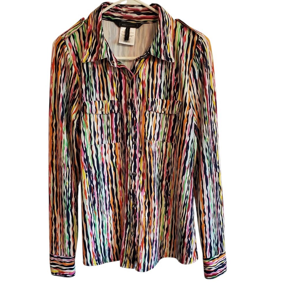 BCBGMAXAZRIA Urban Explosion Multi-Color Abstract Button Front Blouse Large
